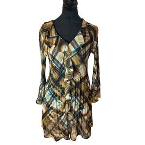 VTG Sunny Leigh 90s Sheer Plaid Brown Blue Prints y2K Long Sleeve Blouse SZ S